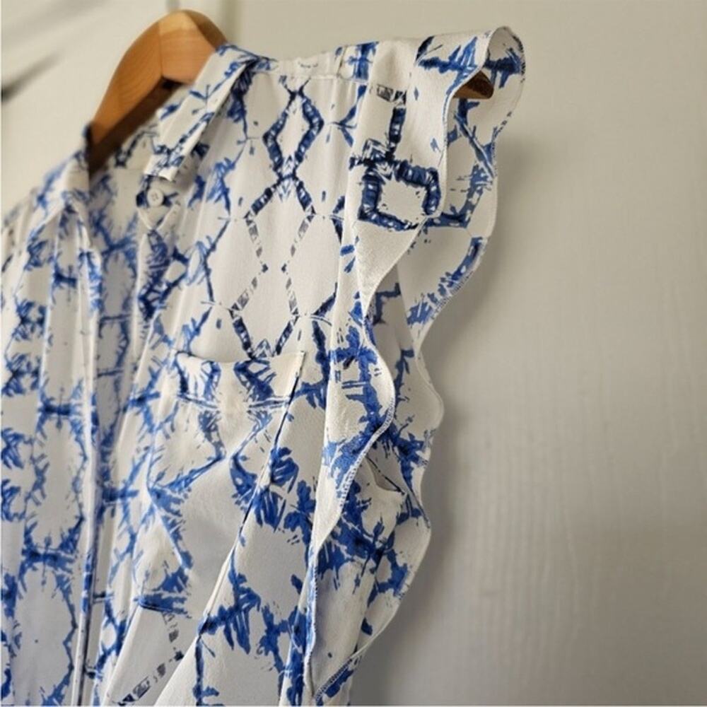 Rebecca Taylor Ikat Silk Blue White Abstract Flutter Sleeve Maxi Dress Size 6 - Picture 9 of 12